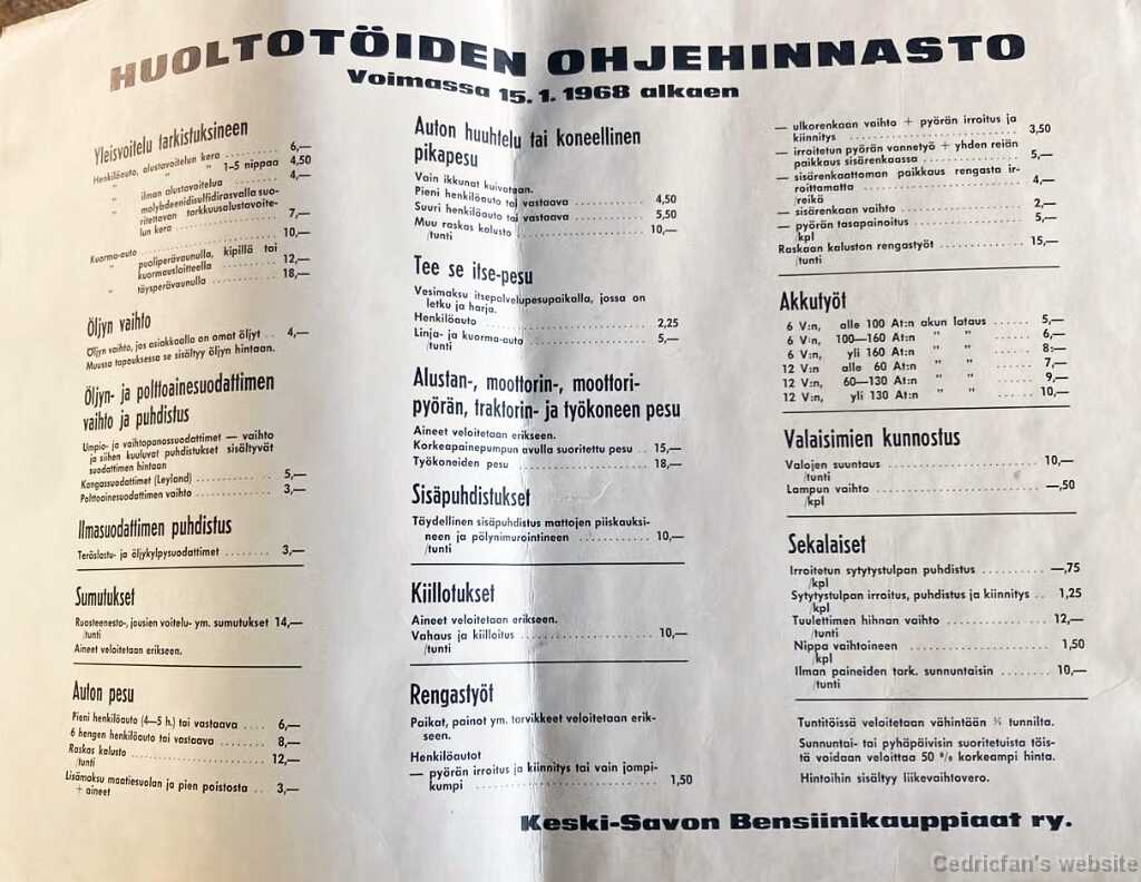 Huoltohinnasto1968